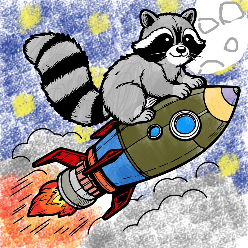 realistic raccoon flying on top rocket ship