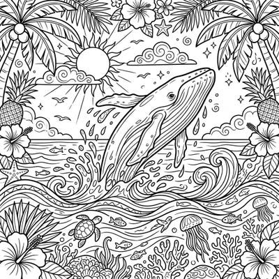 Experience the thrill of the ocean with this vibrant whale breaching coloring page, set against a lively summer backdrop. Adorned with tropical elements and rich marine life, this design promises a delightful coloring journey for all ages.
