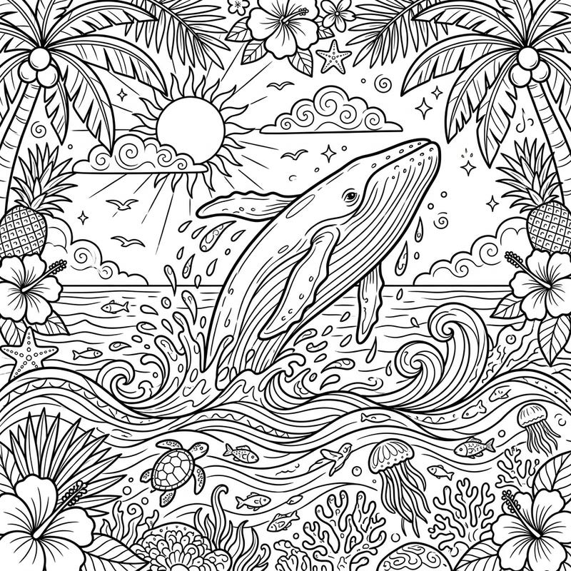Experience the thrill of the ocean with this vibrant whale breaching coloring page, set against a lively summer backdrop. Adorned with tropical elements and rich marine life, this design promises a delightful coloring journey for all ages.