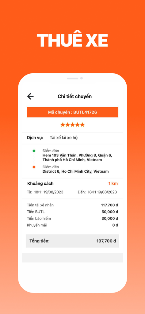 BUTL - Tài Xế - Screenshot of the BUTL driver app showing trip details including pickup location, destination, distance, and earnings breakdown in Vietnamese.