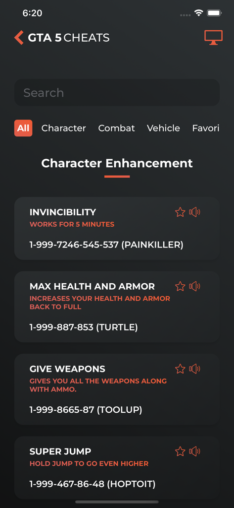Mobile app interface displaying GTA 5 character enhancement cheat codes including invincibility and max health