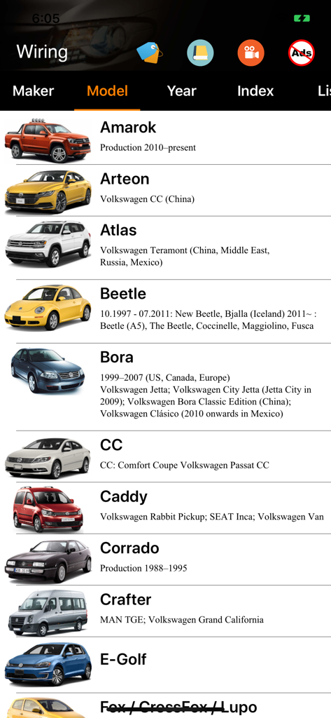 List of Volkswagen car models in the Carmin wiring diagram app