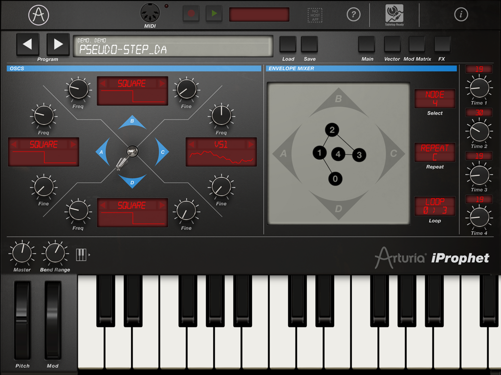 iProphet Synthesizer - Interface of the Arturia iProphet synthesizer app featuring oscillator controls and a vector envelope mixer