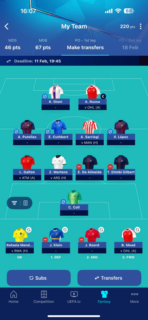 UEFA Women's Champions League - A screen from the UEFA Women's Champions League app showing a user's fantasy football team lineup on a virtual pitch.