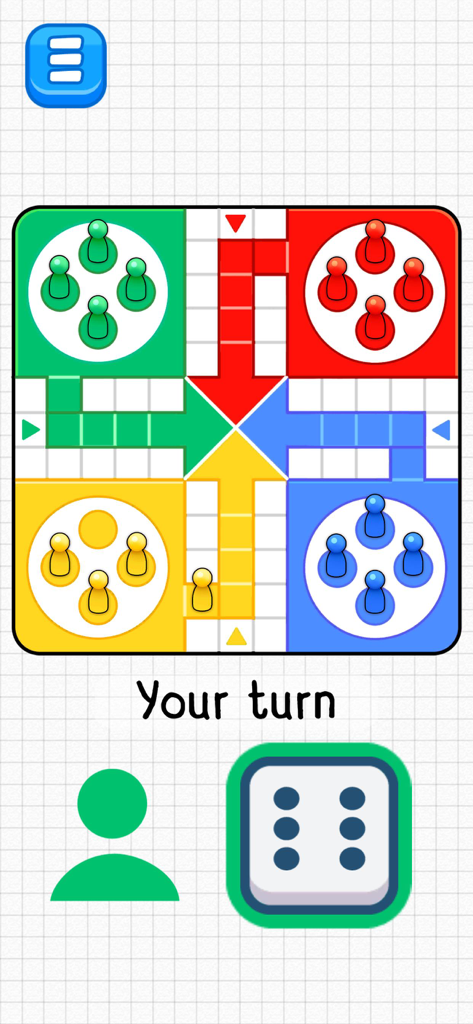 A colorful Ludo board game interface showing four quadrants and a die displaying the number six.