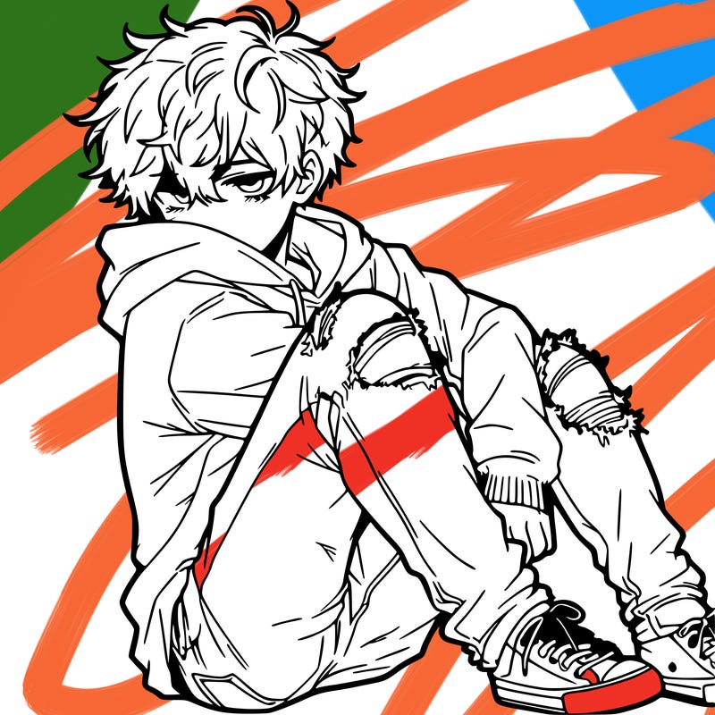 a male hoddie ripped jeans messy hair anime