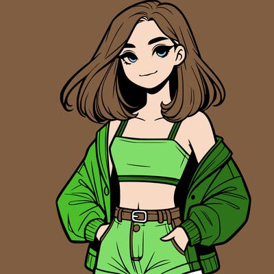 a realistic girl with a crop top and short shorts in an open jacket