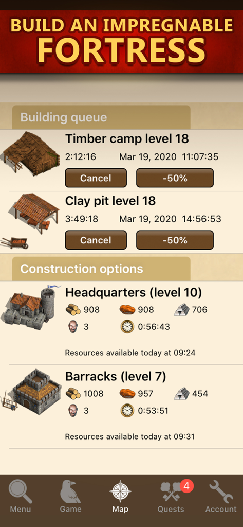 Tribal Wars - Mobile game interface showing a building queue and construction options for a medieval fortress in Tribal Wars.