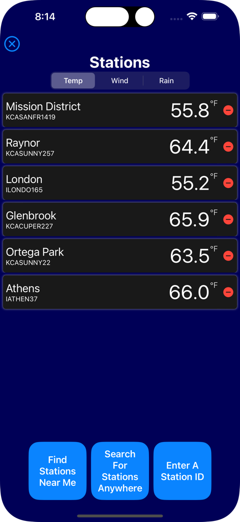 Interface of the PWS Monitor app showing a list of weather stations and their current temperatures