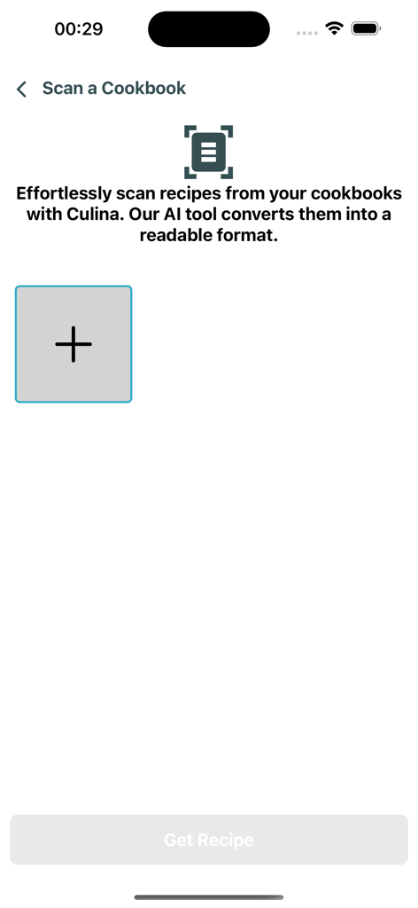 Culina: Ultimate Recipe Book - Interfaccia dell'app Culina che mostra la funzione per scansionare e convertire ricette di libri di cucina fisici in formato digitale utilizzando l'IA