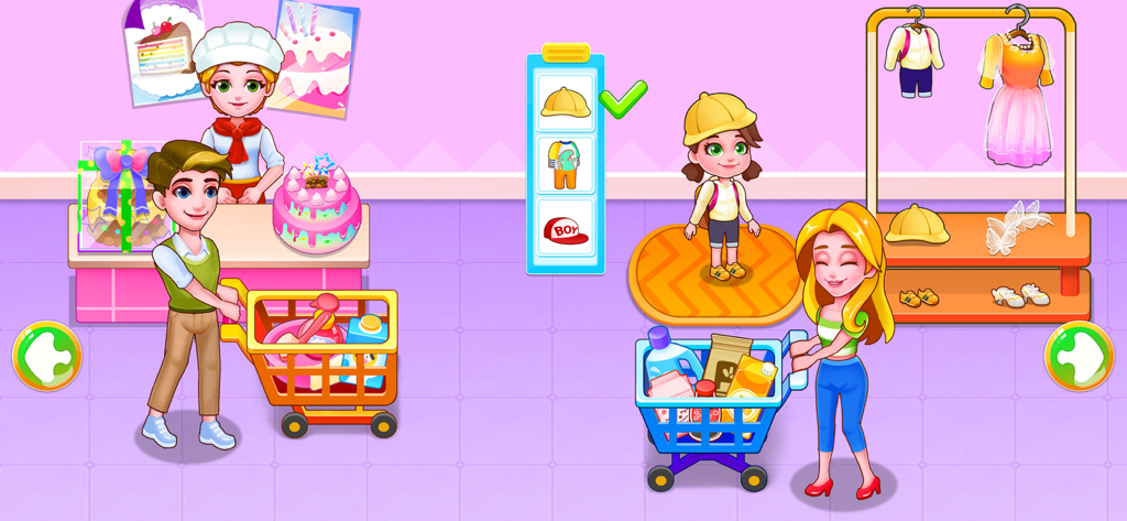 Supermarket Go Shopping - Cartoon characters shopping for groceries and clothes in a supermarket simulator for kids