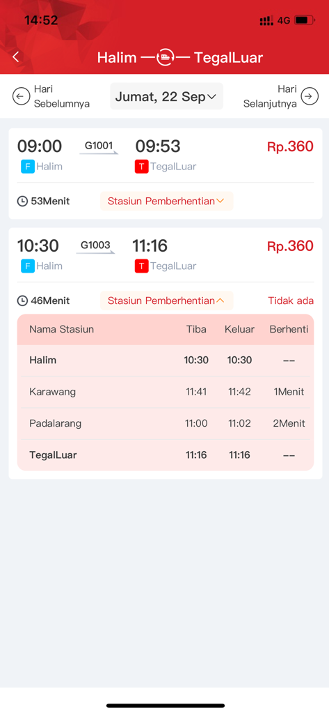 Interfaz de la aplicación de tren de alta velocidad Whoosh que muestra los horarios de salida de los trenes y los precios de los billetes para la ruta Halim a TegalLuar.
