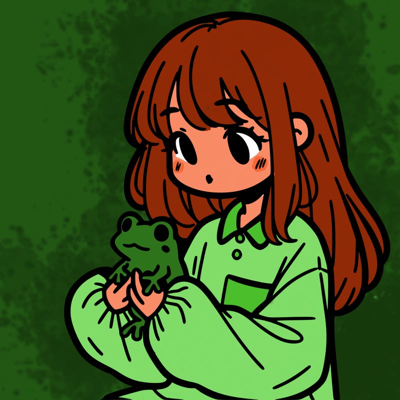 girl with long hair and a oversized shirt. and she is holding a frog