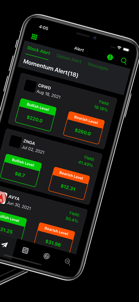 Stock Signals-Screener & Alert - Stock Signals app momentum alerts screen showing bullish and bearish price levels for trading