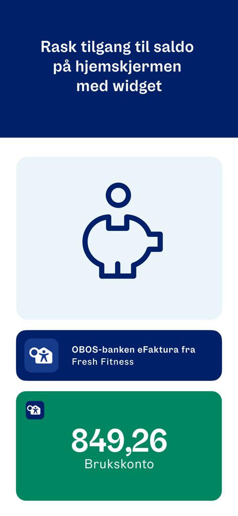 Widget de pantalla de inicio de la aplicación móvil OBOS Mobilbank que muestra el saldo de la cuenta y la notificación de factura electrónica