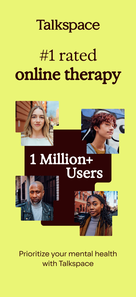 Talkspace: Virtual Therapy App - Talkspace app intro screen with text number one rated online therapy and over one million users