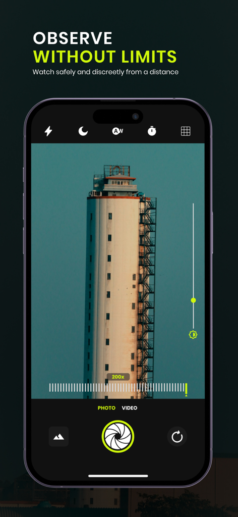 Camera app interface showing a 200x zoom on a distant tower