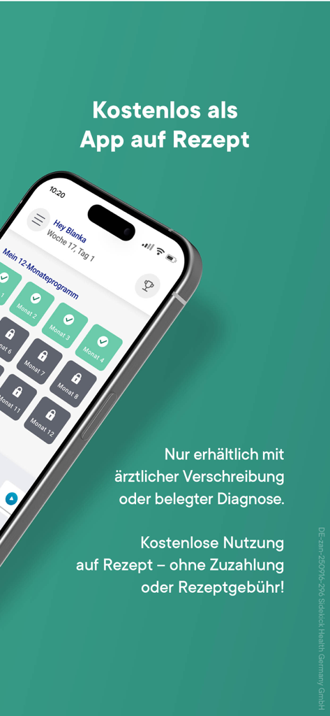 Ein Smartphone, das die Benutzeroberfläche der medizinischen Gewichtsverlust-App zanadio mit einem 12-monatigen Programmplan zeigt.