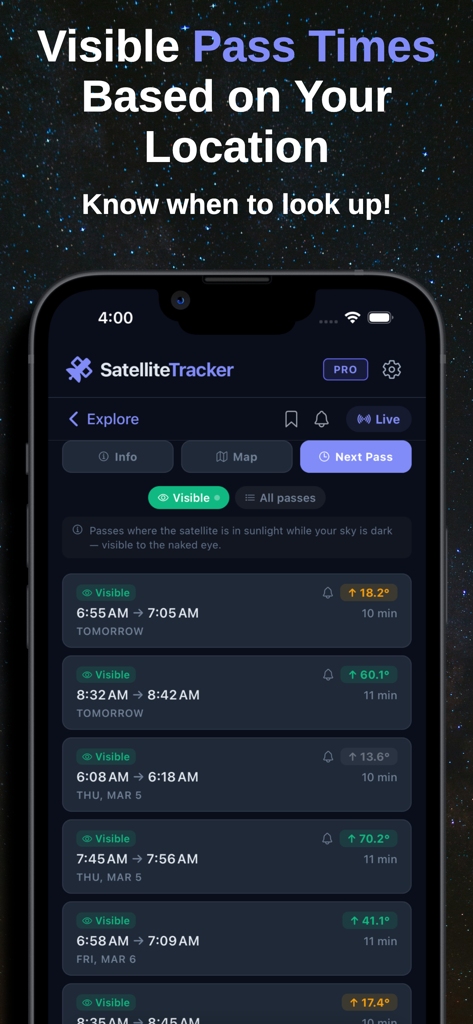 Satellite Tracker° - Interfaz de la aplicación Satellite Tracker que muestra una lista de próximos horarios de paso de satélites visibles y datos de elevación máxima.