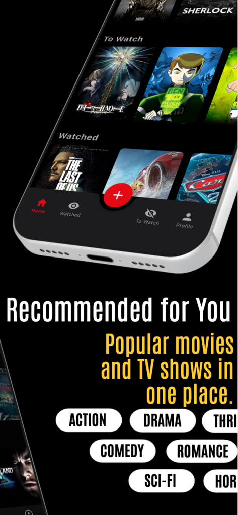 Movie & Series List - The Movie and Series List app displaying a watchlist and popular movie recommendations by genre.