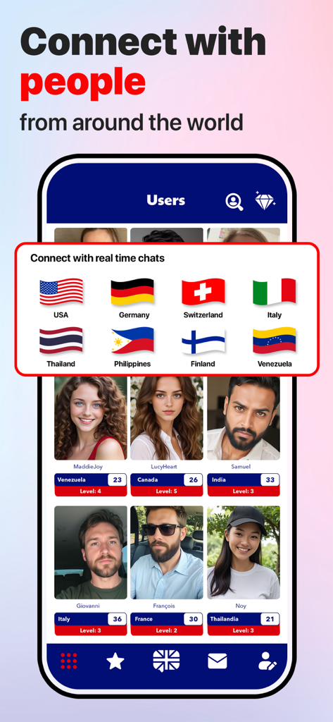 Hello - Talk, chat in English - A mobile app screen displaying user profiles from various countries with English proficiency levels for global conversation practice.