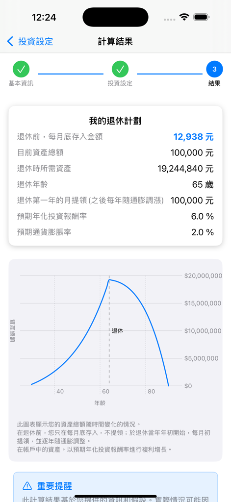 Deposit Plan app screen showing retirement savings goal and asset projection graph