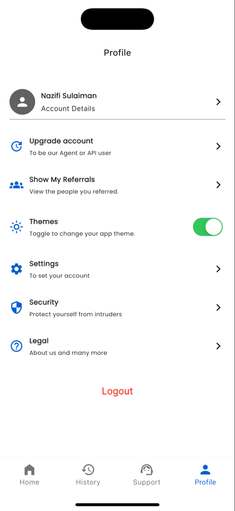 Cool Data Plug: Cheap Data - The user profile screen of the Cool Data Plug mobile app displaying account settings and referral options