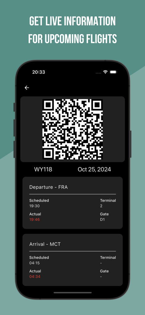 Tarjeta de embarque digital con código QR e información de vuelo en vivo en la pantalla de un smartphone.