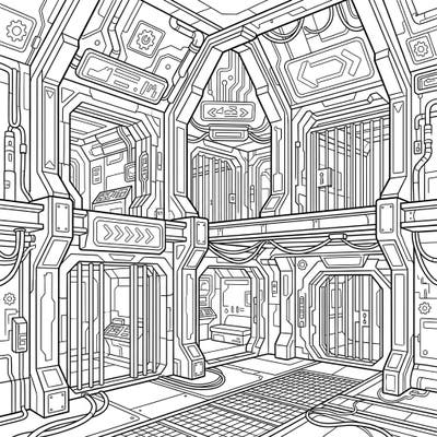 Journey into a dystopian future with this intricate coloring page featuring a cyberpunk take on classic castle dungeons. Explore detailed cells, futuristic wiring, and high-tech elements awaiting your creative touch.