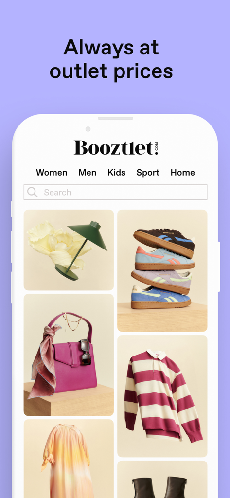 Booztlet - Booztlet App-Oberfläche, die verschiedene Mode- und Wohnprodukte zu Outlet-Preisen anzeigt