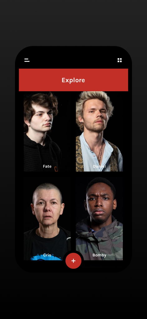 Emosee - The explore screen of the Emosee app showing a grid of portraits of diverse individuals for facial emotion analysis.