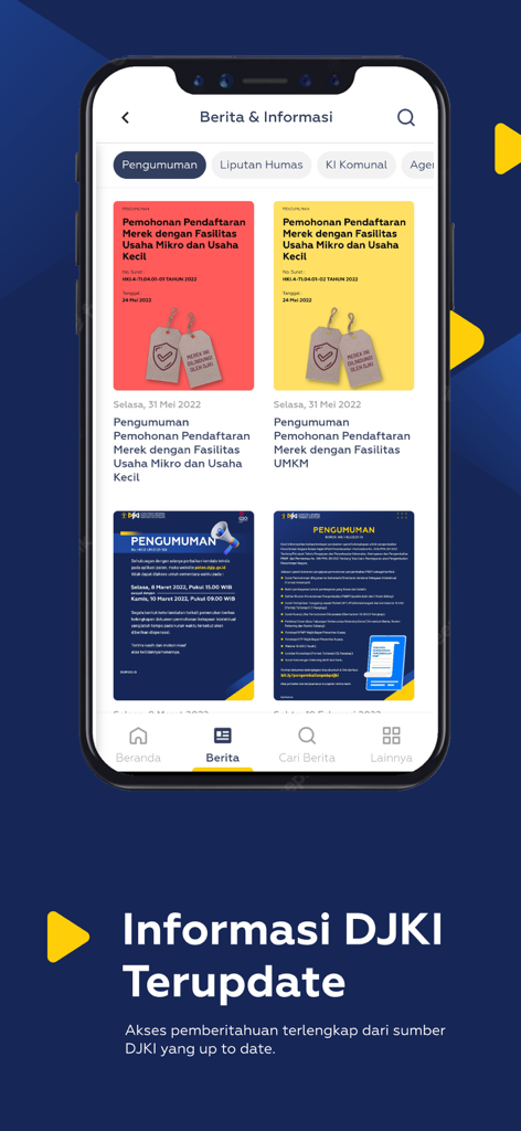 Portal DJKI - Mobile interface of the Portal DJKI app displaying the latest news and intellectual property information from the Indonesian government
