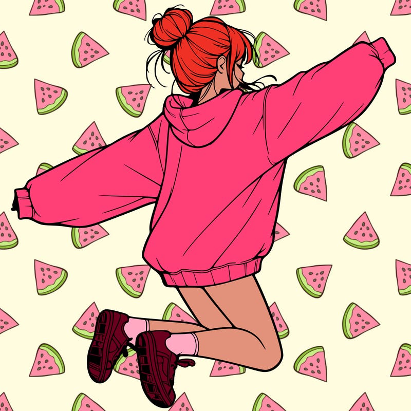 realistic girl jumping with a bun and oversized sweatshirt