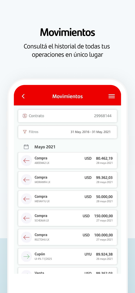 Santander Inversiones Uruguay - Interfaz de la app Santander Inversiones Uruguay mostrando una lista de transacciones y movimientos de inversión en USD y UYU.
