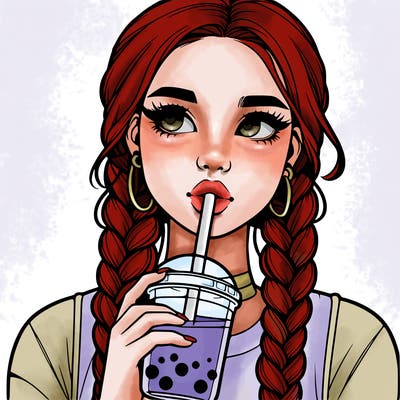 realistic girl with braided hair drinking boba