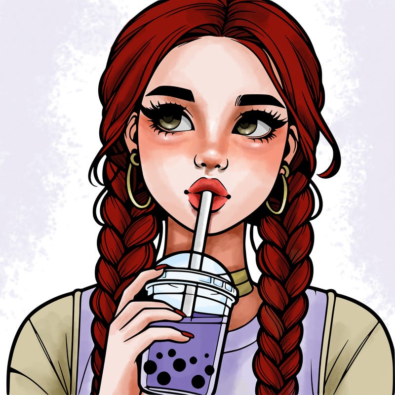 realistic girl with braided hair drinking boba