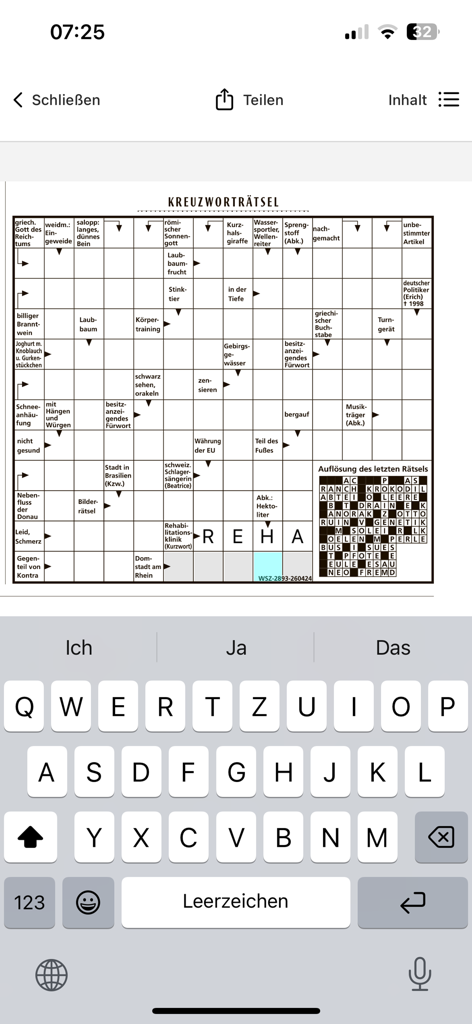 Interaktives deutsches Kreuzworträtsel in der SZ E-Paper Mobile App.