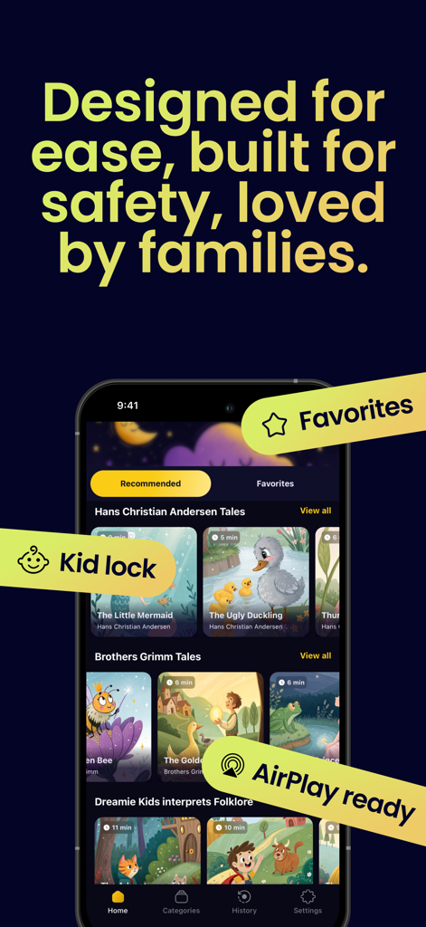 Dreamie Kids: Audio Fairytales - La biblioteca de la aplicación Dreamie Kids muestra cuentos de hadas clásicos con bloqueo para niños y funciones de AirPlay