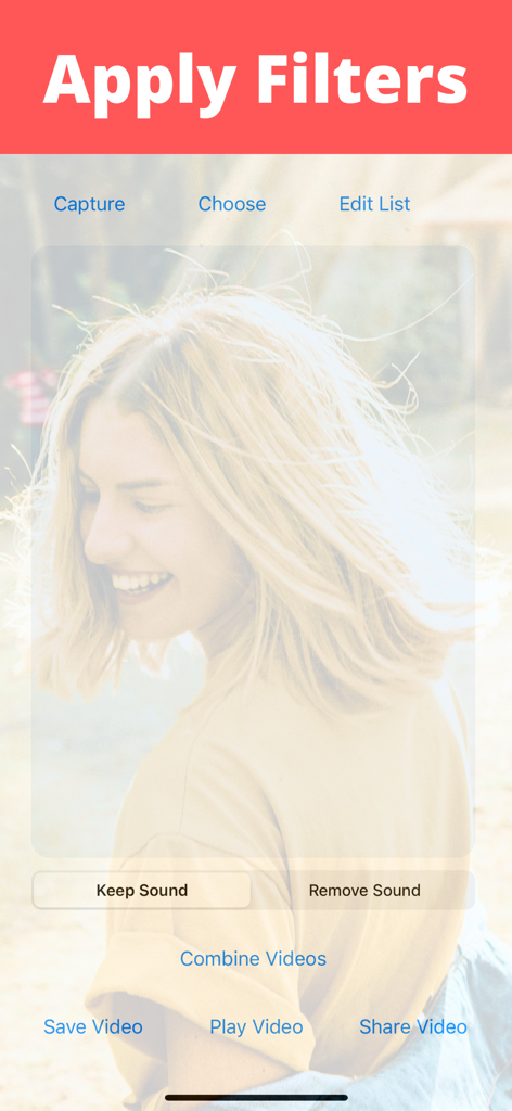 Stitch Videos - Stitch Videos mobile app interface showing filter application options and video editing tools