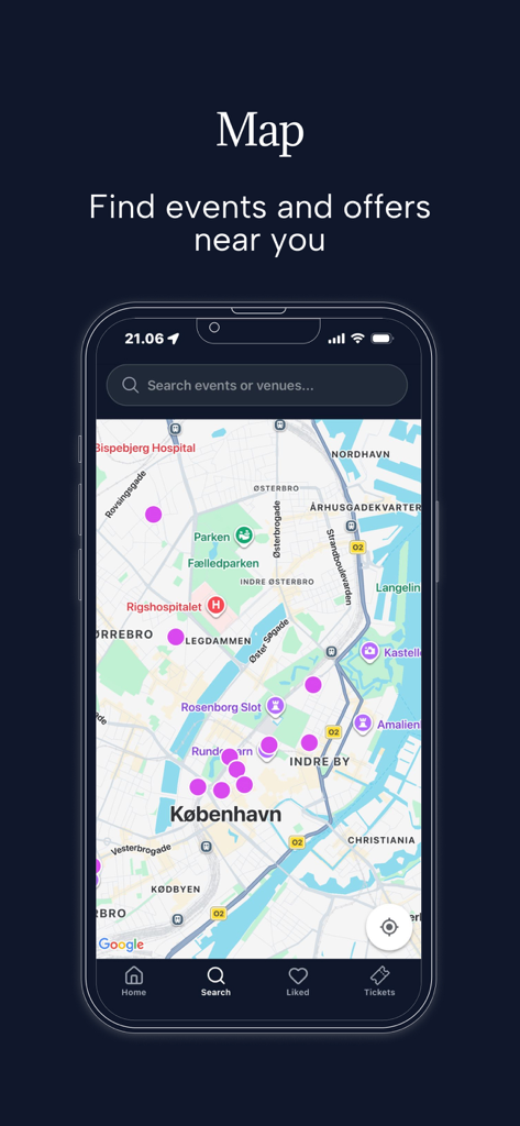 OPIC - Nightlife App - A map interface in the OPIC app showing multiple nightlife events and offers across a city.