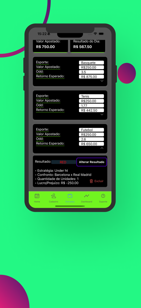 Planilha Gest - Planilha Gestモバイルアプリのインターフェース。スポーツベッティングのバンクロールと日次結果を追跡