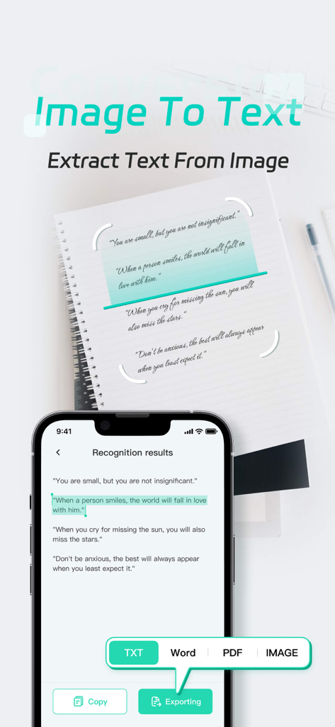A smartphone screen displaying text extracted from a handwritten notebook page using SmartScanner AI OCR