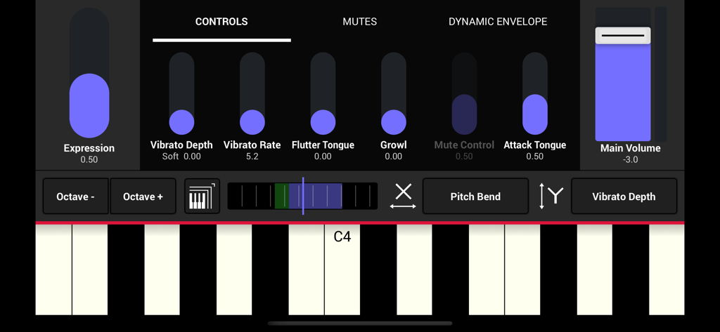 Interfaz de la aplicación SWAM Tenor Bass Trombone con deslizadores de expresión y rendimiento.