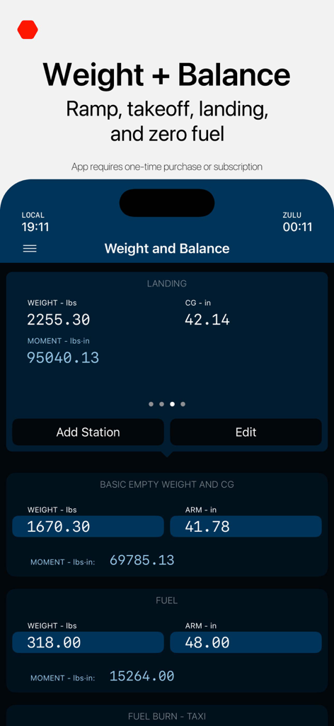 E6B Aviation Calculator - FLT9 - Aircraft weight and balance calculator screen showing center of gravity and landing data
