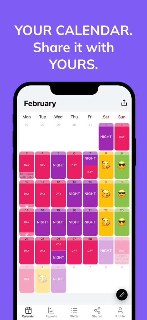 Shifts Calendar (Shifty) - A monthly shift calendar in the Shifty app with color-coded day and night shifts for easy sharing.