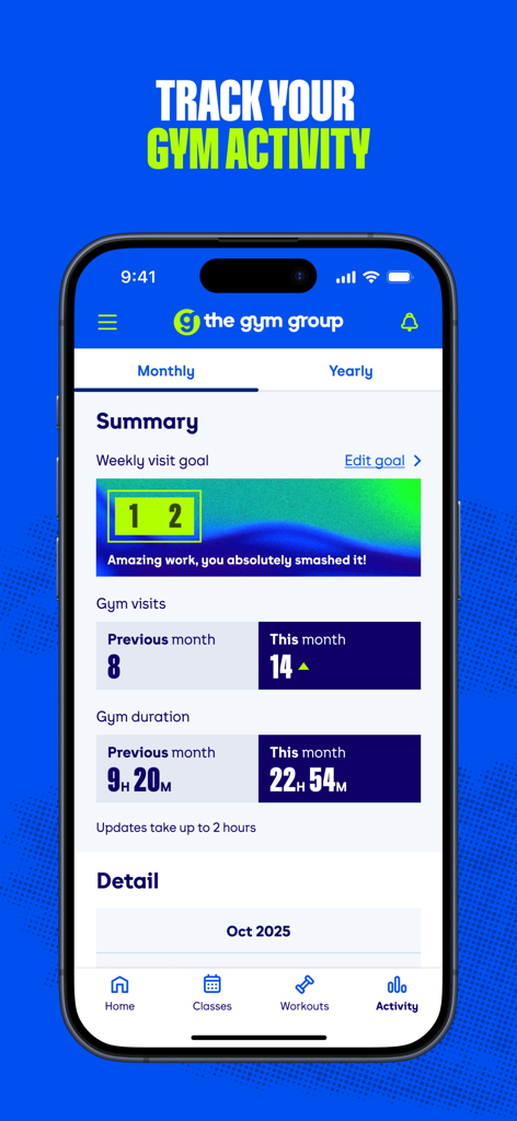 The Gym Group app activity screen showing monthly gym visits and duration summary