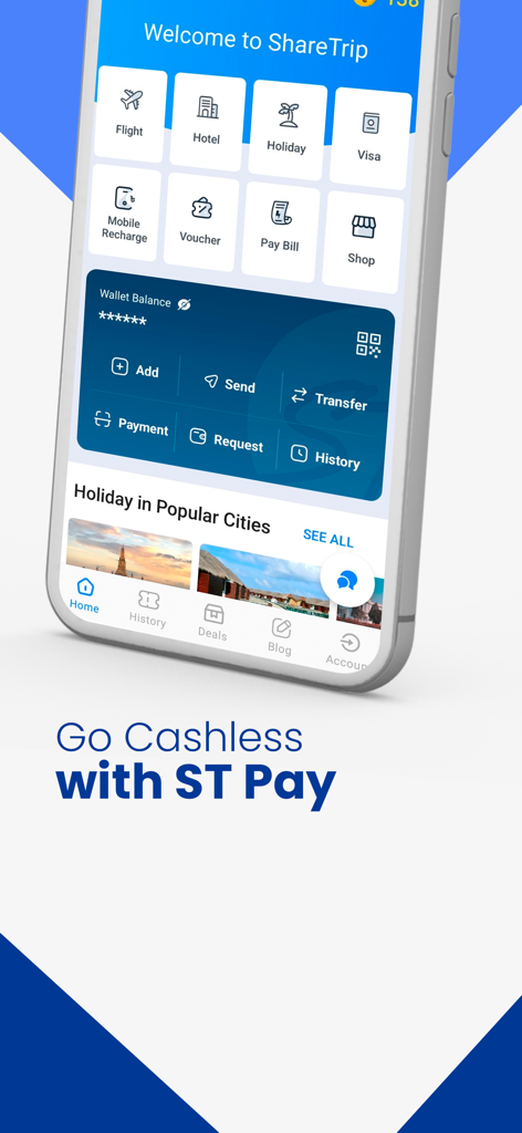 ShareTrip: Flight Shop Voucher - ShareTrip app screen showing ST Pay digital wallet and travel services