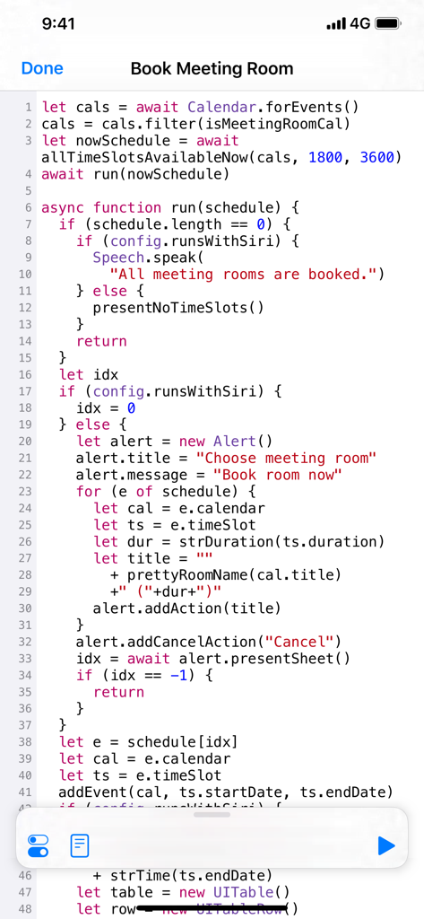 Scriptable - Editor de código JavaScript de la aplicación Scriptable mostrando un script para reservar salas de reuniones.