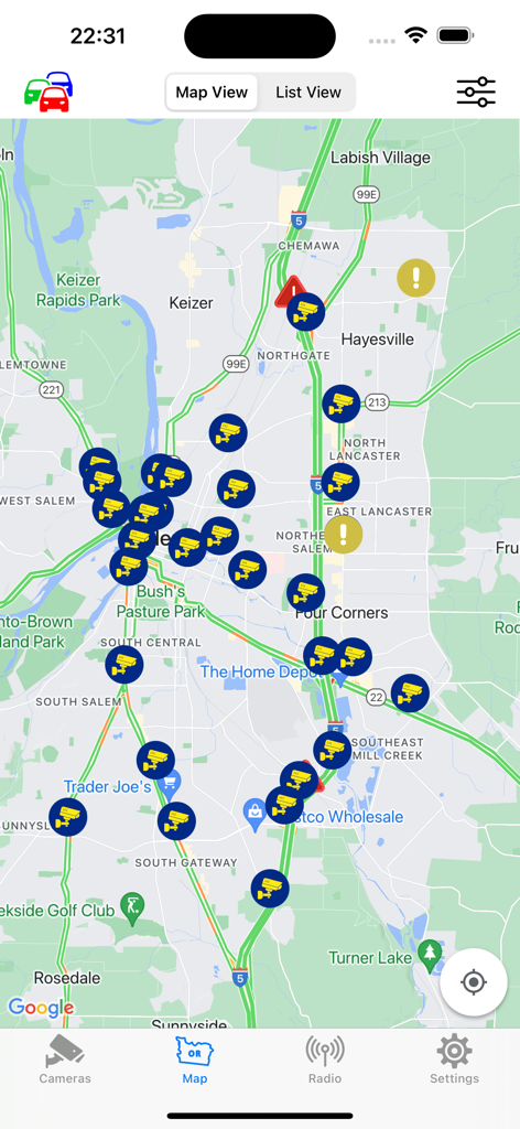 A map view from the Oregon Road and Traffic Cams app showing numerous traffic camera icons and incident alerts around Salem