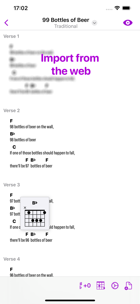 Interfaz de la aplicación Strum que muestra acordes y letras de guitarra con un diagrama de acordes Bb y superposición de importación desde la web.